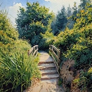 8.5x8.5in Bridge Pathway with Scenic Green Landscape Paper Print